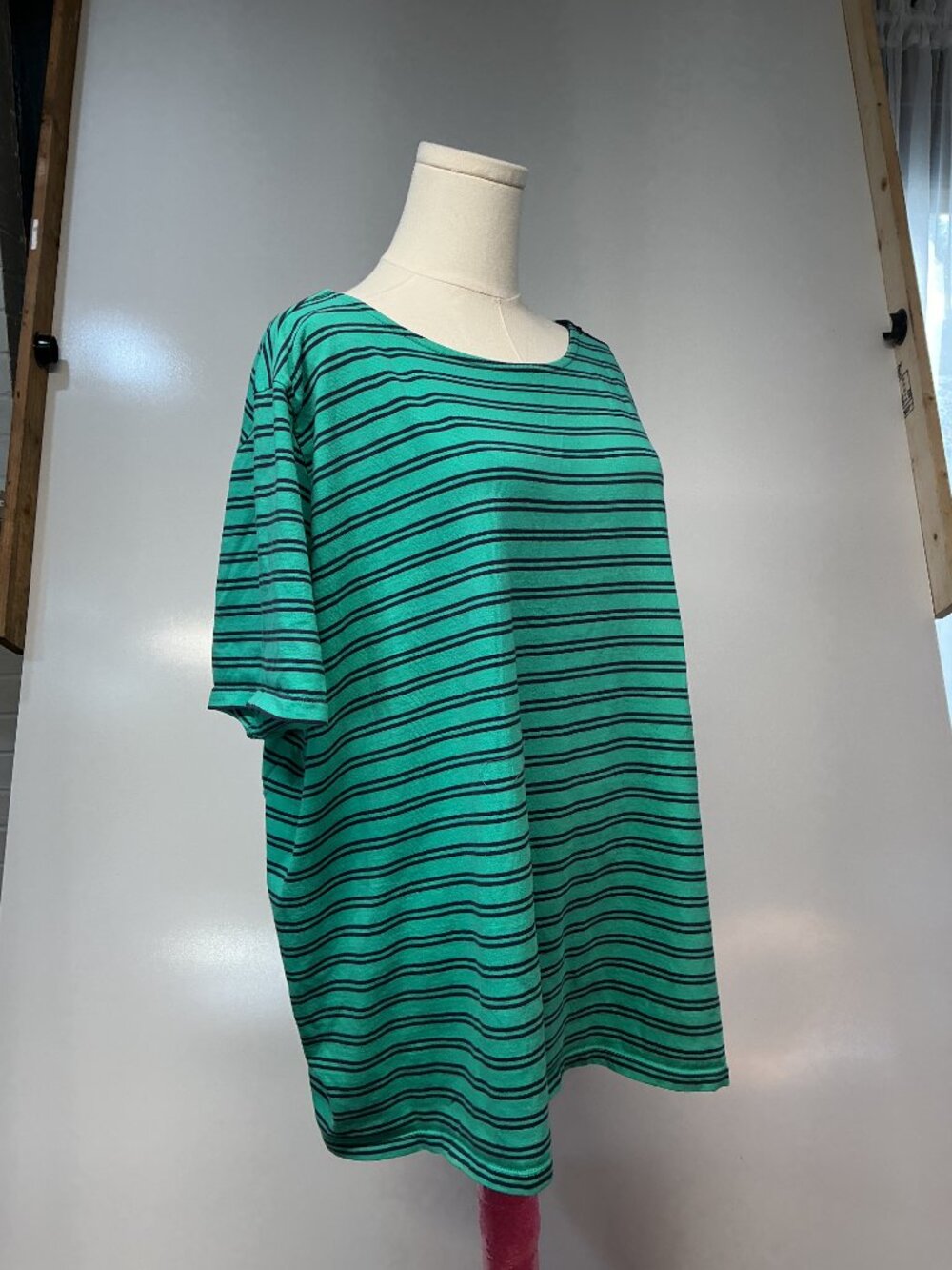 Coral Bay Woman 3X Green Navy Striped Cotton Top Button Shoulder Plus Size - Picture 2 of 10